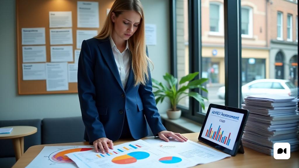 Un profesional de la salud preocupado se encuentra en una moderna oficina del NHS, rodeada de pilas de papeleo y una tableta digital que muestra estadísticas sobre las referencias de TDAH. La oficina está bien iluminada, con una gran ventana que muestra una vista de una concurrida calle de la ciudad afuera. En el escritorio, hay gráficos y gráficos coloridos que ilustran las 'listas de espera' para evaluaciones de TDAH, particularmente destacando los '7.500 niños y jóvenes' que actualmente esperan la evaluación. El profesional, con un traje azul marino inteligente, tiene una ceja fruncida, que refleja la urgencia de la situación. En el fondo, un tablón de anuncios está fijado con avisos sobre la "pausa temporal" en las referencias de adultos, enfatizando el enfoque en los "niños" y la necesidad de un "enfoque diferente" para los servicios de TDAH. La atmósfera transmite una sensación de urgencia y determinación para abordar el "acumulación", al tiempo que garantiza que no se pasen por alto las necesidades de