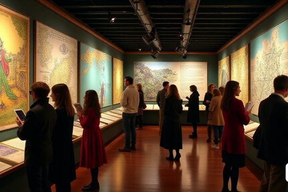 Un vibrante espacio de exhibición en el 'Centro de Patrimonio Rushen' lleno de pantallas cautivadoras que dan vida a las leyendas de 'Isla del Hombre'. Las paredes están adornadas con paneles grandes y coloridos con intrincadas ilustraciones de 'hadas', 'gigantes' y un 'carro fantasmal' deslizándose silenciosamente a través de 'Port St Mary'. En una esquina, un mapa detallado destaca ubicaciones significativas vinculadas al folklore, como el 'ternero del hombre' y la 'isla submarina de Manannan'. Los visitantes de diversas edades se ven involucrados con las exhibiciones, algunos que leen las 'cuentas originales' de los cuentos de folklore, mientras que otros están cautivados por las imágenes encantadoras. El ambiente es animado pero respetuoso, ya que los asistentes absorben la rica 'tradición' y 'intriga' de la historia de la isla. La iluminación suave mejora la sensación mística del espacio, invitando a los invitados a explorar y descubrir una conexión más profunda con la 'parroquia' y su pasado histórico.