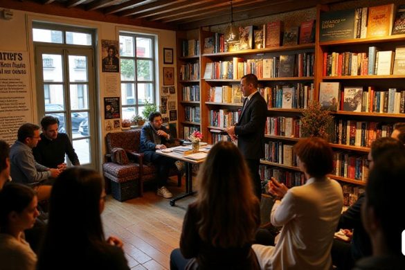 Una acogedora y acogedora librería llamada 'La Llibreria la Trenca' ubicada en 'Andorra La Vella', con un exterior pintoresco con grandes vidrio que muestra una variedad de coloridas portadas de libros. En el interior, el ambiente es cálido y acogedor, con estantes de madera llenos hasta el borde con libros de todos los géneros. La escena está programada para un evento de presentación del libro el 'Miércoles 14 de mayo' a las '7 pm'. Se organiza una pequeña etapa en la parte delantera, adornada con una pancarta simple pero elegante que muestra el título 'Tardes Al Bellamar' y el nombre del autor, 'Rafael Vallbona'. La sala está llena de una audiencia diversa, que incluye lectores ansiosos, entusiastas literarios y periodistas locales, todos reunidos para escuchar las ideas del presentador, 'Andrés Luengo'. En el fondo, una tabla se establece con copias del libro, listos para firmar. La iluminación es suave y acogedora, creando un ambiente íntimo que fomenta la conversación y la conexión. Por un lado, una exhi