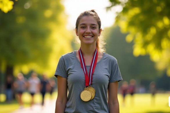 Una adolescente decidida, Zoe Walastyan, se encuentra orgullosamente en un parque iluminado por el sol, con sus medallas Dofe alrededor de su cuello. Ella tiene una sonrisa brillante en su rostro, irradiando 'confianza' y 'fuerza'. En el fondo, los exuberantes árboles verdes se balancean suavemente en la brisa, simbolizando el 'crecimiento' y la 'resiliencia'. La postura de Zoe está erguida, mostrando su 'fuerza física' después de superar los desafíos de aprender a caminar nuevamente después de la cirugía. Está vestida con ropa atlética casual, lo que indica su estilo de vida activo y su compromiso con el "estado físico". La luz del sol le arroja un cálido brillo, destacando su viaje de 'transformación' y 'determinación'. Cerca, se puede ver a un pequeño grupo de amigos, animándola, representando el "apoyo" de su familia y sus compañeros durante su viaje DOFE. La escena captura un momento de triunfo, que encarna la esencia de la perseverancia y el espíritu del premio Duque de Edimburgo.