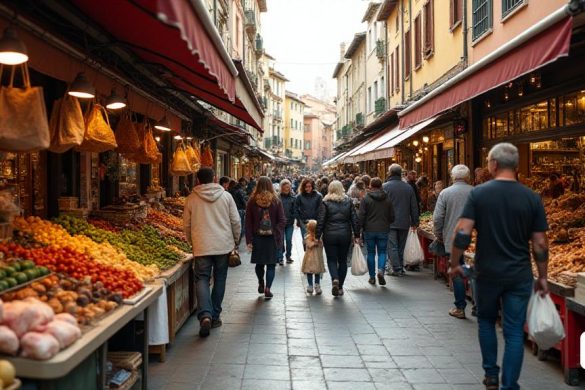 Una bulliciosa 'escena del mercado' en Osona, donde una multitud diversa se reúne para comprar, reflejando la vibrante 'actividad comercial' de la región. El primer plano presenta una variedad de 'puestos de comida' que muestran productos frescos, delicias locales y productos artesanales, atrayendo a los compradores con sus coloridas exhibiciones. En el fondo, se puede ver una combinación de 'tiendas', incluida una 'tienda de muebles' con elegantes sofás y artículos de decoración del hogar, enfatizando la artesanía local. Los compradores de todas las edades, desde familias con niños hasta parejas de edad avanzada, navegan por los pasillos, algunos que llevan 'bolsas reutilizables' llenas de sus compras, destacando el compromiso de la comunidad con la sostenibilidad. La atmósfera es animada, con proveedores relacionados con los clientes, creando un sentido de 'confianza' y 'conexión personal'. La 'arquitectura' de los edificios refleja una combinación de estilos tradicionales y modernos, lo que se suma al enca