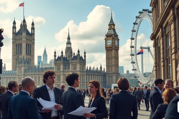 Una bulliciosa escena urbana que representa el horizonte 'Londres', con puntos de referencia icónicos como el 'Big Ben' y el 'London Eye' en el fondo. En primer plano, un grupo diverso de 'funcionarios civiles' en vestimenta profesional se ve discutiendo planes, con documentos y computadoras portátiles en la mano. Están rodeados de una mezcla de edificios de oficinas modernos y arquitectura tradicional, simbolizando la combinación de 'historia' y 'progreso'. Una gran pancarta en el fondo dice 'planes de reubicación del gobierno', enfatizando el cambio de empleos de 'Londres' a oficinas regionales. La atmósfera es una mezcla de 'anticipación' y 'preocupación', que refleja las discusiones en curso sobre el futuro de los roles de servicio civil en todo el Reino Unido. El cielo está parcialmente nublado, lo que sugiere un período de transición, mientras que las calles están llenas de personas que van a sus rutinas diarias, lo que representa el impacto de estos cambios en la comunidad.