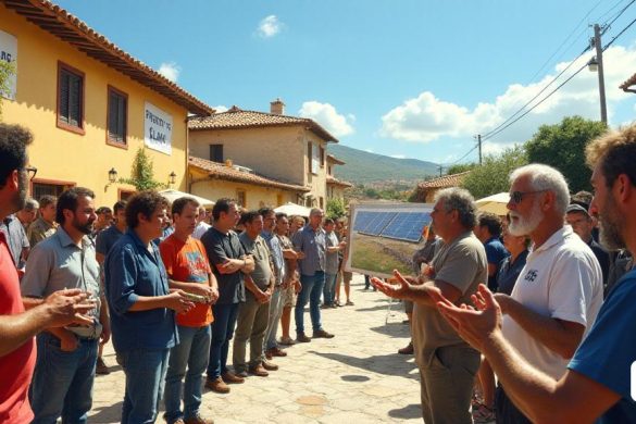 Una bulliciosa 'Plaza de la ciudad' en una pequeña aldea valenciana, donde un grupo de 'residentes' preocupados se reúne para discutir los controvertidos planes de Enerhi, una compañía de energía multinacional. En primer plano, un grupo diverso de 'agricultores locales' y 'activistas' mantienen pancartas que leen 'no a las plantas solares' y 'protegen nuestra tierra'. Las expresiones en sus caras reflejan una mezcla de determinación y ansiedad. En el fondo, un elegante y moderno 'tablero de presentación' muestra el proyecto solar propuesto por Enerhi, yuxtapuesto contra el encanto rústico de los 'edificios históricos' de la aldea. El cielo es un azul claro, que simboliza el potencial de las energías renovables, pero la atmósfera es tensa a medida que los aldeanos expresan sus temores sobre el impacto en sus 'tierras de cultivo' y 'comunidad'. Cerca, un "líder local" hace un gesto apasionadamente mientras habla con una pequeña multitud, enfatizando la necesidad de transparencia y participación de la comunidad.