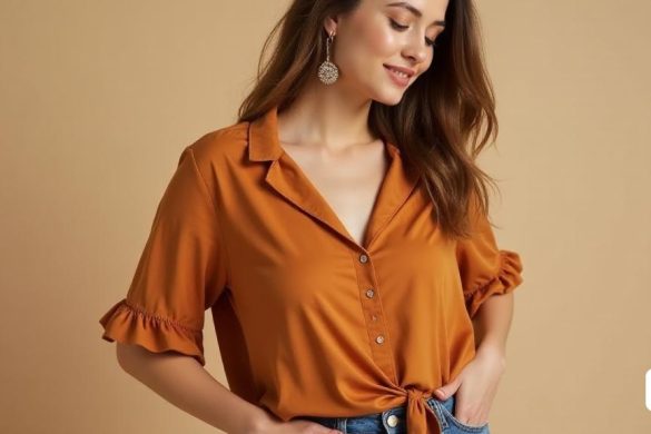 Una camisa de mujer 'marrón' elegante y moderna de Lidl, diseñada para la ropa de verano. La camisa presenta un 'cuello en V' que enmarca elegantemente el escote, con 'hombros ligeramente expuestos' que agregan un toque fresco y contemporáneo. Las 'mangas de campana' proporcionan un detalle elegante, mejorando la estética general del atuendo. La tela está hecha de 'materiales reciclados', que muestra el compromiso de Lidl con la 'moda sostenible'. Incluye 'Lycra®', asegurando un ajuste perfecto y cómodo que se adapte a la figura mientras mantiene su forma. El estilo recortado y el 'atado en la parte inferior' permiten ajustes personalizados, atendiendo a varios gustos. El color cálido y versátil facilita el combinado con faldas, pantalones o pantalones cortos, adecuado para diferentes ocasiones. La camisa está disponible en tamaños 'XS a L', lo que la hace accesible para una amplia gama de mujeres. Con un precio de '6.99 euros', representa una excelente combinación de diseño, calidad y sostenibilidad, por lo