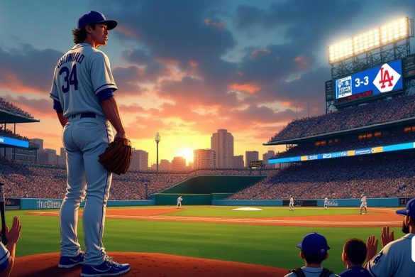Una dramática escena de béisbol se desarrolla bajo las luces brillantes del Dodger Stadium en Los Ángeles. El 'cielo' está pintado con profundos tonos de 'azul' y 'naranja' mientras el sol se pone en el horizonte, lanzando un brillo cálido sobre el campo. En primer plano, 'Yoshinobu Yamamoto', el derecho japonés, se encuentra en el montículo del lanzador, su expresión 'determinada' que refleja el peso del momento. Está vestido con el icónico uniforme de 'Dodgers', completo con la crujiente camiseta 'blanca' y la gorra 'azul', que muestra el emblema del equipo con orgullo. La 'multitud' es un mar de fanáticos emocionados, sus caras una mezcla de anticipación y esperanza, con algunos ondeando banderas de 'Dodgers' y otras sosteniendo letreros en apoyo de su as. En el fondo, el 'Dodgers' Dugout 'está lleno de jugadores, sus ojos fijos en Yamamoto, listos para reunirse detrás de él. El marcador se asoma arriba, mostrando un puntaje cerrado de 3-3, aumentando la tensión del juego. Las bases están cargadas, y se ve