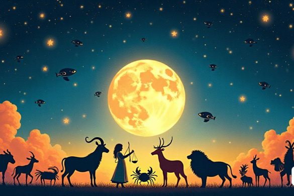Una escena astrológica vibrante que representa los doce signos del zodiaco, cada uno representado por sus respectivos símbolos. En el fondo, un cielo celestial lleno de estrellas centelleantes y una luna llena brillante arroja una luz suave sobre la escena. Each zodiac sign is illustrated with unique characteristics: 'Àries' is shown as a bold ram, 'Taure' as a strong bull, 'Bessons' as playful twins, 'Cranc' as a nurturing crab, 'Lleó' as a majestic lion, 'Verge' as a meticulous maiden, 'Balança' as a balanced scale, 'Escorpí' as a mysterious scorpion, 'Sagitari' as an Archer aventurero, 'Capricornio' como una cabra determinada, 'Aquari' como portador de agua de espíritu libre y 'Peixos' como peces soñadores. Cada signo está rodeado de símbolos que representan sus rasgos: dinero para 'comensales', amor por 'parella' y paciencia para 'esperar'. La atmósfera general es de armonía y energía cósmica, invitando a los espectadores a reflexionar sobre sus influencias astrológicas.