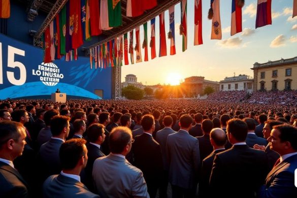 Una escena bulliciosa en el '75º Congreso de la FIFA' en Asunción, Paraguay, donde se reúnen representantes de '211 naciones y territorios'. El lugar está adornado con banderas de varios países, creando un tapiz vibrante de colores. En primer plano, un grupo de delegados, vestidos con vestimenta formal, participan en discusiones animadas, sus expresiones una mezcla de emoción y tensión. Detrás de ellos, una pantalla grande muestra el logotipo de la FIFA, mientras que un podio está listo para los discursos. El ambiente está acusado de anticipación, ya que los susurros de la 'Guerra Civil' dentro del Consejo de la FIFA circulan entre los asistentes. Afuera, el sol se pone sobre la ciudad, lanzando un cálido brillo en los edificios históricos de Asunción, simbolizando la convergencia de la gobernanza del fútbol global y la cultura local.