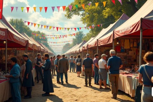 Una escena bulliciosa en el 'Appleby Fair Market', lleno de vibrantes puestos que muestran una variedad de bienes. Los comerciantes se dedican a conversaciones animadas con compradores, intercambiando sonrisas y risas. El aire está lleno de los sonidos de la charla y el llanto ocasional de los caballos cercanos. Las pancartas de colores brillantes revolotean por encima de los puestos, anunciando 'productos genuinos' en medio de un mar de artículos falsificados. Un gran letrero dice 'Advertencia: verificar la autenticidad' en las letras en negrita, llamando la atención sobre la campaña en curso contra los bienes falsos. En una esquina, un comerciante muestra una variedad de 'gafas de sol' con diseños llamativos, mientras que otro puesto está lleno de 'botellas de perfume' con etiquetas de marcas de lujo como 'Cartier' y 'Gucci'. Los compradores inspeccionan los artículos de cerca, algunos sostienen 'juguetes' y 'productos eléctricos' que carecen de las marcas de seguridad necesarias. Una madre preocupada exami