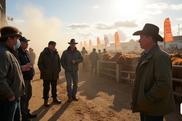 Una escena bulliciosa en el 'Balmoral Show', que muestra una feria agrícola vibrante. En primer plano, un grupo de 'trabajadores agrícolas' con ropa resistente, algunas que usan 'máscaras protectoras', entabla una conversación, sus expresiones una mezcla de preocupación y determinación. Cerca, un "agricultor de cuarta generación", Johnny Tuft, se encuentra junto a una exhibición de "ganado de carne de res", sus manos desgastadas descansan sobre la cerca, mientras comparte su historia con una pequeña audiencia. El fondo presenta varias 'maquinaria agrícola' y 'ganado', con nubes de 'partículas de polvo' girando en el aire, destacando los peligros invisibles de la agricultura. Las pancartas coloridas que promueven la 'conciencia de salud pulmonar' aleten en la brisa, mientras que un representante del 'Ejecutivo de Salud y Seguridad' (HSeni) entrega folletos informativos. La atmósfera es animada pero grave, con el sol brillando en los showgrounds, lanzando sombras que bailan por el suelo, simbolizando la natural