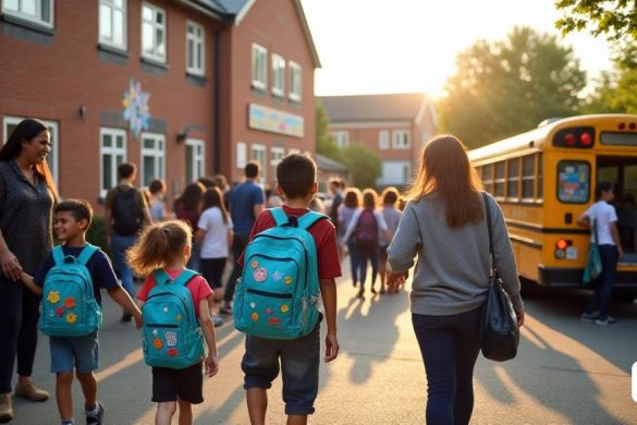 Una escena bulliciosa fuera de una escuela primaria durante la hora de la mañana. En primer plano, se ve a un grupo diverso de padres y cuidadores sonriendo mientras saludan a sus hijos, algunos tomados de la mano mientras otros llevan mochilas adornadas con coloridos parches y pegatinas. Los niños, una mezcla de niños y niñas, exhiben una variedad de expresiones, desde la emoción hasta el nerviosismo, mostrando la "diversidad" de los jóvenes estudiantes. El edificio de la escuela, una estructura de ladrillo encantadora con grandes ventanas y murales coloridos que representan temas de aprendizaje, sirve como telón de fondo. Un autobús escolar amarillo brillante está estacionado cerca, parcialmente lleno de niños, mientras que algunos padres se ven descargando sus vehículos, enfatizando el cambio hacia el 'transporte personal'. En el fondo, los árboles se balancean suavemente en la brisa, y el sol arroja un cálido brillo sobre la escena, creando un sentido de comunidad y cuidado. El ambiente es animado, con lo
