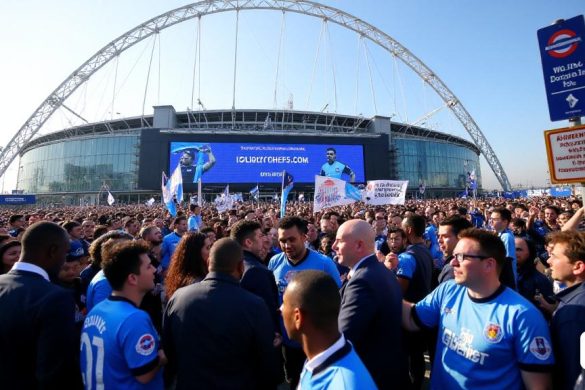 Una escena bulliciosa fuera del estadio Wembley, donde se reúne una multitud diversa de apasionados fanáticos del fútbol, ​​con vibrantes camisetas 'Blues' y 'Oldham Athletic'. La atmósfera es eléctrica, con banderas que ondean y las pancartas se mantienen altas, mostrando mensajes de soporte y requieren más boletos. En primer plano, dos parlamentarios decididos, Bayo Alaba y David Burton-Sampson, son vistos comprometidos con los fanáticos, sus expresiones que reflejan una mezcla de urgencia y esperanza. Cerca, el líder del Consejo de la Ciudad de Southend en Sea, Daniel Cowan, discute animadamente estrategias con un grupo de seguidores. El icónico arco del estadio Wembley se avecina en el fondo, parcialmente oscurecido por una gran pantalla digital que muestra los próximos detalles de la coincidencia. El cielo es un azul brillante, que contrasta con el mar de colores del atuendo de los fanáticos. Algunos oficiales de policía están presentes, asegurando la seguridad, mientras que un letrero de transporte indi