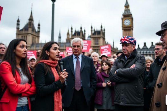 Una escena bulliciosa fuera del parlamento británico, donde una multitud diversa se reúne para expresar sus opiniones sobre los recientes cambios en la política de inmigración anunciados por el primer ministro 'Keir Starmer'. La atmósfera está acusada de emoción, ya que algunas personas sostienen señales que leen 'detener el odio' y 'todos somos inmigrantes', mientras que otros muestran pancartas que apoyan controles de inmigración más estrictos, indicando 'controlar nuestras fronteras'. El cielo está nublado, lanzando un tono gris sobre la escena, lo que se suma a la tensión. En primer plano, una joven de ascendencia del sur de Asia habla apasionadamente en un micrófono, su rostro animada y expresiva, mientras se dirige a un pequeño grupo de seguidores. Detrás de ella, un hombre de mediana edad con un traje se encuentra, los brazos cruzados, escuchando atentamente. A la derecha, un par de caballeros mayores, uno que lleva un sombrero de 'Union Jack', participan en una acalorada discusión. La icónica cúpula d