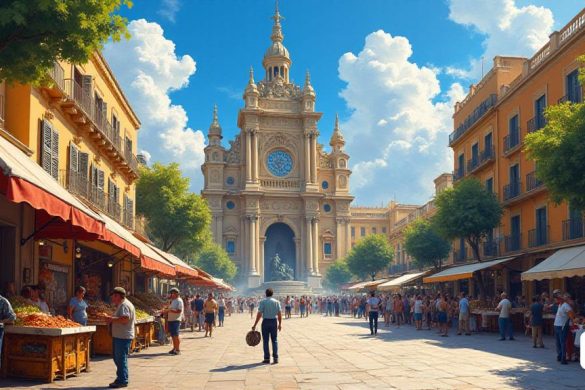 Una escena callejera vibrante y bulliciosa en Barcelona, ​​que captura la esencia de la rica historia y tradición de la "protección" de la ciudad. El primer plano presenta un mercado animado con coloridos puestos que venden varios productos, incluidos 'Pebre', 'lli' y 'Coures', que recuerdan al comercio medieval que una vez floreció aquí. En el fondo, la gran fachada del 'Ajuntament' es alto, adornada con intrincadas tallas y una impresionante estatua de 'Joan Fiveller', que se representa en una pose dramática, que simboliza su famosa cita sobre los impuestos que pertenecen al estado. El ambiente está lleno de los sonidos de los comerciantes que llaman a los clientes, mientras que los lugareños participan en discusiones animadas sobre historia y política. A la izquierda, un artista captura la escena en lienzo, que recuerda a 'Ramon Tusquets I Maignon', con trazos de colores impresionistas que reflejan el espíritu animado del momento. La calle está llena de edificios encantadores que insinúan la evolución arqu