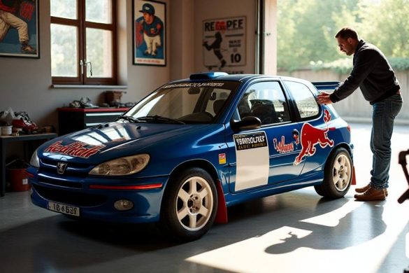 Una escena cautivadora se desarrolla en un garaje iluminado por el sol, donde un reluciente 'Peugeot 206 WRC' se encuentra orgullosamente en un piso de concreto pulido. El automóvil, un tono sorprendente de 'azul' con acentos audaces 'blancos' y 'rojos', muestra su diseño aerodinámico y características icónicas de rally, que incluyen un prominente alerón trasero y neumáticos específicos de rally. Las paredes del garaje están adornadas con carteles vintage 'Rally', celebrando conductores legendarios como 'Marcus Grönholm', 'Gilles Panizzi' y 'Didier Auriol', creando una atmósfera nostálgica. En primer plano, 'Albert Orriols', un apasionado conductor de rally, se ve inspeccionando el automóvil, su expresión una mezcla de emoción y reverencia. Lleva una chaqueta de carreras informal, y sus manos acarician suavemente el volante, como si sintiera el legado de los campeones que una vez condujeron este mismo vehículo. La luz solar se filtra a través de una ventana cercana, lanzando un brillo cálido en la superficie