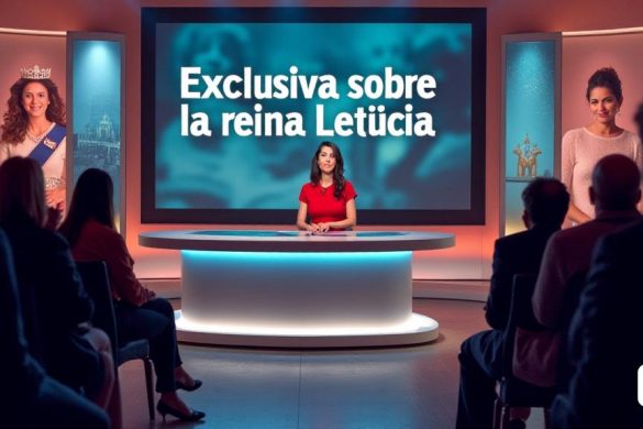 Una escena cautivadora se desarrolla en un vibrante estudio de televisión, donde la atmósfera se encarga de anticipación. El set está adornado con una decoración moderna, con muebles elegantes e iluminación brillante que resalta las caras de los anfitriones. En primer plano, un Pilar Eyre confiado, un periodista experimentado con un ojo agudo para los asuntos reales, se sienta en un escritorio, su expresión una mezcla de emoción y determinación. Está vestida elegantemente, reflejando su condición de experta en Casa Reial. Detrás de ella, una pantalla grande muestra el título 'Exclusiva Sobre La Reina Letficia' en letras audaces, capturando la atención de los espectadores. La audiencia del estudio está comprometida, sus rostros iluminados por el suave brillo de las luces de estudio, mientras se inclinan para escuchar la revelación de Eyre sobre el diseñador de vestidos de novia reales. El telón de fondo presenta imágenes de la familia real, incluida una joven Letícia Ortiz, que pasa de una presentadora de tele