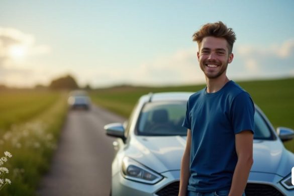 Una escena conmovedora que captura la esencia de la pérdida y el recuerdo. En primer plano, un joven, Will Radford, se representa con una sonrisa cálida y acogedora, sus ojos brillantes de energía y amabilidad juveniles. Lleva una camiseta azul casual y jeans, de pie junto a un elegante auto plateado que simboliza su reciente logro de pasar su examen de conducción. El fondo presenta una carretera rural serena, enrollando suavemente a través de exuberantes campos verdes bajo un cielo azul claro, que representa la libertad y la emoción de la conducción. Sin embargo, el estado de ánimo cambia sutilmente a medida que la imagen pasa a un tono más sombrío, con una débil silueta de un vehículo que se aproxima en la distancia, insinuando el trágico accidente. Alrededor de la escena hay flores blancas delicadas, simbolizando el recuerdo y la pérdida, balanceándose suavemente en la brisa. Una luz suave y dorada arroja un brillo cálido sobre toda la imagen, evocando una sensación de nostalgia y reflexión. Las palabras '