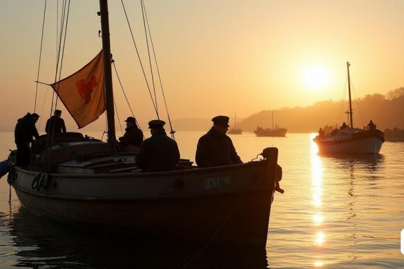 Una escena conmovedora se desarrolla cuando el sol comienza a levantarse sobre las tranquilas aguas de Ramsgate, lanzando un tono dorado en la superficie. En primer plano, la barcaza de navegación de madera 'Pudge' se balancea suavemente en el puerto, su casco desgastado que refleja décadas de historia. La barcaza, adornada con una bandera hecha jirones pero orgullosa, está rodeada por una pequeña flotilla de otros 'pequeños barcos', cada uno con sus propias historias grabadas en sus maderas. Los miembros de la tripulación, una mezcla de marineros experimentados y voluntarios locales, son vistos preparándose para el viaje, sus expresiones una mezcla de 'orgullo' y 'solemnidad'. En el fondo, la silueta de la costa es visible, insinuando las costas distantes de Dunkerque. La atmósfera está acusada de 'emoción', ya que los miembros de la tripulación comparten conversaciones tranquilas, algunas perdidas en el pensamiento, contemplando los sacrificios realizados durante la evacuación. La escena captura la esencia