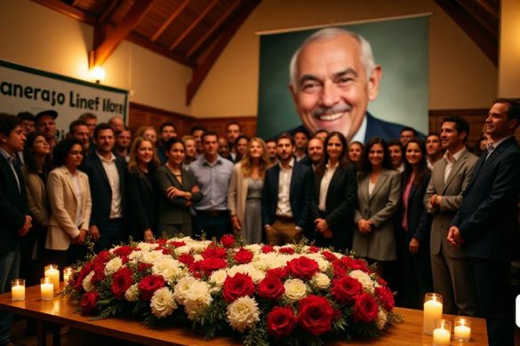 Una escena conmovedora se desarrolla en un servicio conmemorativo, donde un grupo diverso de 'cientos' de personas se reúne para presentar sus respetos a 'Enric Morist'. La atmósfera está cargada de 'tristeza' y 'reflexión', ya que los asistentes comparten historias y recuerdos del hombre 'excepcional'. En primer plano, una disposición floral 'grande' en forma de corazón se sienta prominentemente, llena de flores vibrantes 'rojas' y 'blancas', simbolizando el amor y el recuerdo. Detrás de esto, una pancarta lee 'en honor a Enric Morist', adornada con 'velas' parpadeando suavemente a la luz suave del lugar. Los asistentes, vestidos con una mezcla de vestimenta formal y casual, muestran una variedad de emociones desde 'dolor' hasta 'gratitud', mientras escuchan discursos sinceros. En una esquina, un grupo de jóvenes voluntarios, inspirados en el legado de Enric, se ven compartiendo un momento de camaradería, sus caras reflejan 'determinación' y 'esperanza'. El telón de fondo presenta una gran foto de Enric, son