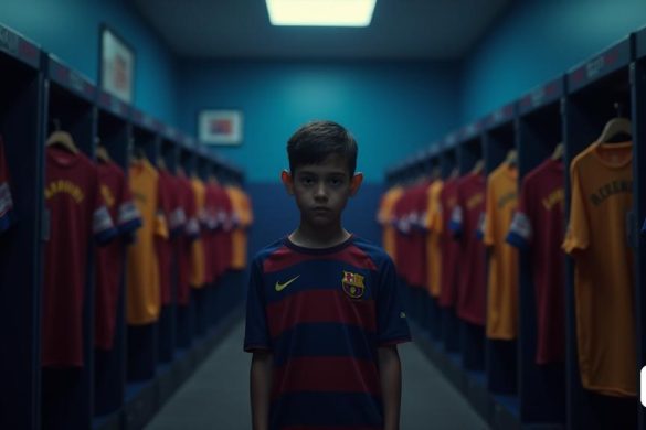 Una escena conmovedora se desarrolla en un vestuario de fútbol con poca luz, donde 'Gavi', un joven futbolista con una expresión determinada, se encuentra en el centro, rodeado de sus compañeros de equipo. La atmósfera está cargada de emoción, ya que Gavi reflexiona sobre la posible partida de su amigo cercano y compañero de equipo, 'Ronald Araújo'. Las paredes están adornadas con los icónicos colores 'FC Barcelona', 'azul' y 'granate', mientras que las camisetas cuelgan perfectamente en el fondo, mostrando los nombres de 'Lewandowski', 'Pedri' y 'Fermín'. La frente de Gavi está fruncida, revelando el peso de sus pensamientos mientras contempla la feroz competencia en el centro del campo, con sombras de 'Bayern', 'Arsenal' y 'Juventus' que se avecina en el fondo, simbolizando los clubes compitiendo por la firma de su amigo. El vestuario está lleno de una sensación de camaradería, pero la incertidumbre cuelga en el aire, ya que la mirada de Gavi se desvía hacia una foto enmarcada del equipo que celebra una vic