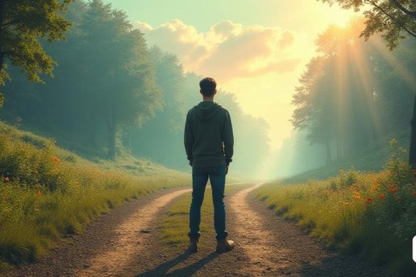 Una escena contemplativa se desarrolla en un paisaje sereno, donde una figura solitaria se encuentra en una encrucijada, que encarna la esencia de elección e individualidad. La figura, vestida con atuendo casual pero reflexivo, mira a la distancia, contemplando los caminos que divergen ante ellos. A la izquierda, un sendero vibrante enrolla a través de un exuberante bosque, simbolizando el encanto de la conformidad y la comodidad de decir 'sí' a las expectativas sociales. Este camino está adornado con flores coloridas y luz solar que se filtran a través de las hojas, creando una atmósfera acogedora. A la derecha, un camino resistente y menos transitado conduce a un terreno brumoso e incierto, que representa el coraje de decir 'no' y adopta la convicción personal. El aire está lleno de una sensación de tensión, ya que la expresión de la figura refleja tanto el peso de la decisión como la liberación que conlleva afirmar la identidad de uno. En el fondo, un vasto cielo pasa de azul brillante a tonos de naranja y