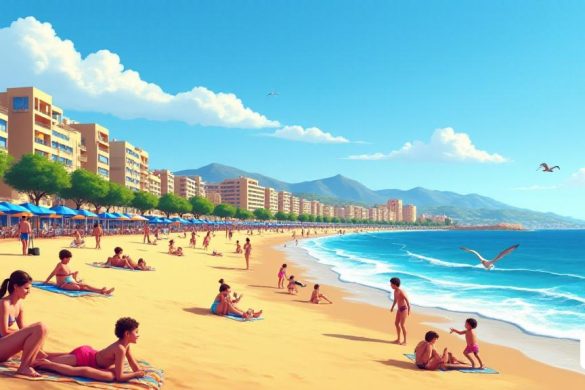 Una escena costera vibrante que representa la 'Costa Daurada' durante un día soleado. El primer plano cuenta con una playa bulliciosa con arena dorada, donde las familias disfrutan de su tiempo; Los niños están construyendo 'castillos de arena', mientras que otros salpican las suaves olas del 'Mar Mediterráneo'. En el fondo, los coloridos paraguas de la playa salpican el paisaje, proporcionando sombra a los bañistas de sol descansando en toallas. A la izquierda, un grupo de amigos está jugando voleibol de playa, su risa resuena en el aire. A lo largo de la costa, algunas personas pasean a sus perros, con los perros felizmente persiguiendo a las gaviotas. Midround muestra una fila de 'apartamentos modernos' y 'restaurantes' con asientos al aire libre, donde los clientes disfrutan de las comidas mientras pasan el mar. El cielo es un azul brillante, con unas pocas nubes blancas esponjosas a la deriva. En la distancia, se puede ver el contorno del horizonte de la ciudad 'Tarraga', con sus edificios históricos de