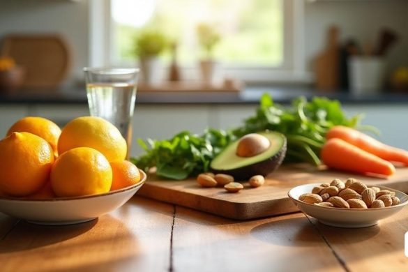 Una escena de cocina vibrante y acogedora, que muestra una mesa de madera adornada con una variedad de ingredientes coloridos y frescos que promueven la salud de la piel. En primer plano, un tazón de 'frutas cítricas' brillantes como naranjas y limones, brillando con humedad, simboliza la riqueza de 'vitamina C'. A su lado, un plato de 'aguacates' y 'almendras' destaca 'grasas saludables' y 'vitamina E', mientras que un pequeño plato de 'caldo' hecho de huesos se encuentra cerca, que representa una fuente natural de 'colágeno'. En el fondo, un tablero de corte muestra 'verduras de hoja verde' como las espinacas y una vibrante 'zanahoria', enfatizando el 'betacaroteno'. Un vaso de agua clara, que refleja la luz, se destaca de manera prominente, recordando a los espectadores la importancia de la "hidratación". La atmósfera general es brillante y alegre, con una luz natural que fluye, creando una sensación de frescura y vitalidad, perfecta para una publicación sobre la alimentación de la piel desde adentro.