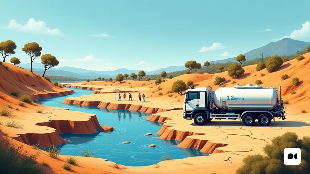 Una escena detallada que representa el impacto de la sequía en Cataluña, que muestra las 'Siurana', 'Riudecanyes' y las cuencas del río 'Montsant'. En primer plano, un paisaje reseco con tierra agrietada y vegetación escasa simboliza la crisis de 'sequía' en curso. Se ve un gran camión de agua, etiquetado con 'transporte de agua', que entrega agua a una comunidad local, enfatizando la urgencia de la situación. En el fondo, un grupo de funcionarios locales y miembros de la comunidad se reúne alrededor de un depósito de agua recientemente construido, discutiendo mejoras y 'tratamientos de potabilización'. El cielo es un azul claro, contrastante con la tierra seca, mientras que una pancarta en la escena lee '4,2 millones de euros en ayuda', destacando el apoyo financiero de la 'Agència Catalana de L’Aigua'. La atmósfera general transmite un sentido de esperanza y colaboración a medida que la comunidad trabaja en conjunto para abordar los desafíos de suministro de agua.