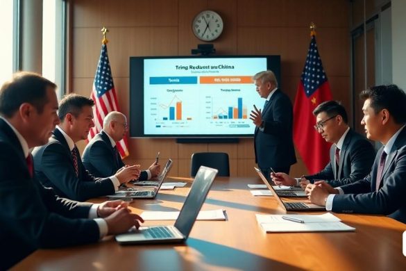 Una escena detallada que representa una 'reunión de negocios' en una moderna 'sala de conferencias' donde representantes de 'Estados Unidos' y 'China' se dedican a las discusiones. La habitación está llena de 'ventanas grandes' que permiten inundar la luz natural, lanzando sombras suaves en la pulida 'mesa de madera' en el centro. En la tabla, se abren 'documentos' y 'computadoras portátiles', que muestran gráficos y gráficos relacionados con 'tarifas' y 'acuerdos comerciales'. En el fondo, una 'pantalla grande' muestra una presentación con las palabras 'Reducción de tarifas' y 'Acuerdo Comercial' destacado. Los representantes, vestidos con 'trajes formales', están discutiendo animadamente, con uno apuntando a la pantalla mientras otro toma notas. La atmósfera es tensa pero esperanzadora, lo que refleja la importancia de la pausa '90 días' en la 'guerra comercial'. Las paredes están adornadas con 'banderas' de ambas naciones, simbolizando la importancia de la diplomacia. Un reloj en la pared indica el tiempo,