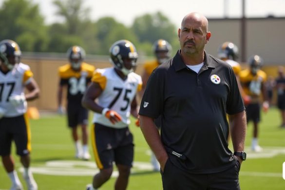 Una escena dinámica que captura la esencia de las actividades de temporada baja de los Pittsburgh Steelers en el complejo deportivo UPMC Rooney. En primer plano, el gerente general Omar Khan se erige con confianza, con un polo Black Steelers, con una expresión enfocada mientras discute la reciente adquisición de 'DK Metcalf' y el oficio de 'George Pickens'. Detrás de él, un grupo de receptores jóvenes, incluidos 'Calvin Austin III', 'Roman Wilson' y 'Robert Woods', se dedican a ejercicios, mostrando su agilidad y velocidad en el campo. El sol lanza un brillo cálido sobre el campo de práctica, destacando el vibrante césped verde y los icónicos colores negros y dorados de los uniformes de los Steelers. En el fondo, los entrenadores y el personal observan atentamente, tomando notas y estrategias para la próxima temporada. La atmósfera está acusada de anticipación y emoción, ya que los jugadores demuestran sus habilidades, con el objetivo de solidificar sus posiciones en el equipo. La imagen encapsula la combinac