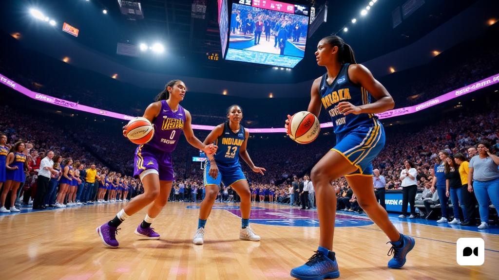 Una escena dinámica que captura la intensa atmósfera de un juego de la WNBA en State Farm Arena en Atlanta. La arena está llena de energía, llena de fanáticos entusiastas con camisetas 'Fever' y 'Dream', sus caras pintadas en colores de equipo de color púrpura y amarillo brillante para Indiana, y vibrantes azules y blancos para Atlanta. En la cancha, Caitlin Clark, un jugador destacado, se ve a mitad de acción, goteando la pelota con una feroz determinación, su expresión enfocada e intensa. Cerca, Rhyne Howard está listo para la defensa, su postura fuerte mientras se prepara para desafiar el próximo movimiento de Clark. En el fondo, las grandes pantallas digitales muestran la puntuación del juego y las estadísticas de los jugadores, mientras que las luces vibrantes de la arena arrojan un cálido brillo sobre la escena. Las animadoras están actuando al margen, lo que se suma a la emoción con sus rutinas energéticas. La multitud es un mar de emoción, algunos fanáticos se ponen de pie, mientras que otros son capt