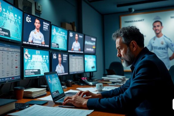 Una escena dinámica se desarrolla en una bulliciosa sala de redacción deportiva, donde 'Fabrizio Romano', un reconocido periodista deportivo, está absorto en su trabajo, rodeado de múltiples pantallas que muestran actualizaciones en vivo de transferencias de fútbol. La habitación está llena del brillo brillante de los monitores, cada una mostrando las últimas noticias del mundo del fútbol, ​​con titulares como 'Real Madrid' y 'Market de transferencia' que parpadean de manera prominente. Romano, con su expresión enfocada característica, está escribiendo furiosamente en su computadora portátil, su ceja ligeramente fruncida en concentración. En el fondo, un gran póster de 'Florentino Pérez' cuelga en la pared, simbolizando al influyente presidente del Real Madrid, mientras las pilas de papeles y cuadernos llenos de notas sobre las estadísticas de los jugadores y los rumores de transferencia desordenan el escritorio. La atmósfera es eléctrica con anticipación a medida que el reloj funciona hasta la apertura de la