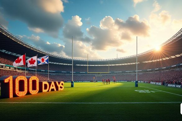 Una escena dramática que representa la cuenta regresiva de la Copa Mundial de Rugby femenino, ambientada en un contexto de un estadio vibrante lleno de entusiastas fanáticos. El primer plano presenta un gran reloj de cuenta regresiva digital que muestra '100 días' en colores llamativos, rodeados de banderas de las naciones participantes, incluidas 'Gales', 'Canadá', 'Escocia' y 'Fiji'. La atmósfera es eléctrica, con seguidores con camisetas y pancartas de onda, mostrando el orgullo de su equipo. En el fondo, un campo de rugby es visible, marcado con líneas blancas, y los postes de portería son altos, listos para la acción. El cielo es una mezcla de azul y blanco, insinuando un día brillante, mientras que el sol arroja un cálido brillo sobre la escena, iluminando la emoción y la anticipación del torneo. Se ve a los jugadores de diferentes equipos practicando en la distancia, enfatizando el trabajo duro y la dedicación necesarias en el período previo a la competencia. La imagen encapsula el espíritu de 'compete
