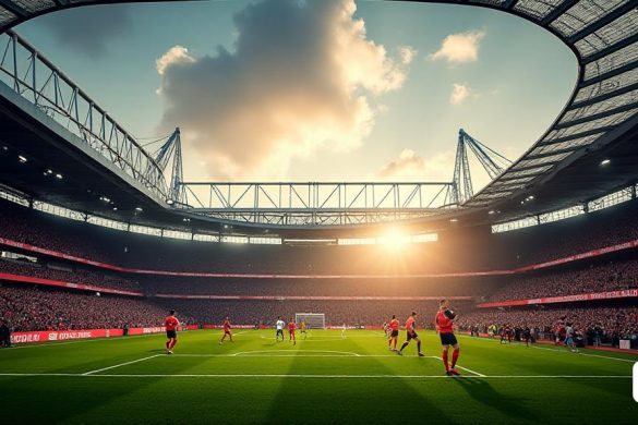 Una escena dramática se desarrolla bajo el icónico arco del 'estadio Wembley', donde la atmósfera es eléctrica con anticipación. El estadio está lleno de apasionados fanáticos, sus caras pintadas en los colores vibrantes de 'Sheffield United' y 'Sunderland'. Las pancartas saludan con orgullo, y el sonido de los vítores y los cantos llena el aire, creando una sensación palpable de emoción. En el campo, los jugadores de ambos equipos se están calentando, mostrando su atletismo y determinación. La exuberante hierba verde contrasta bruscamente con las líneas blancas brillantes que marcan el campo. En el fondo, la estructura imponente del estadio se cierne, que simboliza la importancia de este partido, a menudo conocida como "el juego más rico en el fútbol". El sol se está poniendo, lanzando un tono dorado sobre la escena, destacando la intensidad del momento mientras los fanáticos esperan ansiosamente el saque inicial, sabiendo que el resultado podría cambiar la fortuna de sus queridos equipos para siempre.