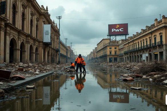 Una escena dramática se desarrolla en el corazón de València, que muestra las secuelas del desastre 'Dana'. El primer plano está dominado por una calle inundada, con agua turbia que refleja los restos de una ciudad que alguna vez fue compatible. Los desechos, incluidas las ramas rotas y los muebles dispersos, flotan siniestrados en el agua, simbolizando la 'destrucción' que queda a raíz de la catástrofe. En el fondo, la arquitectura histórica de València contrasta con el caos, con intrincadas fachadas 'góticas' y 'barrocas' parcialmente oscurecidas por los niveles crecientes de agua. Los respondedores de emergencia, vestidos de chalecos naranjas brillantes, se ven ayudando a los residentes, sus expresiones una mezcla de urgencia y determinación. El cielo está nublado, con nubes oscuras que se avecinan, lanzando un tono sombrío sobre la escena. Una pancarta cuelga sin fuerzas de un edificio cercano, leyendo 'esfuerzos de reconstrucción en marcha', insinuando los desafíos políticos y las 'controversias' que rod