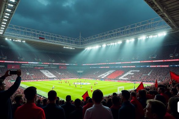 Una escena dramática se desarrolla en el 'Estadio de San Mamés' en 'Bilbao', donde la tensión es palpable ya que 'Tottenham Hotspur' se enfrenta a 'Manchester United' en un partido crucial de 'Europa League'. El estadio está repleto de fanáticos apasionados, sus caras pintadas en los colores de sus respectivos equipos, creando un mosaico vibrante de 'rojo' y 'blanco'. La atmósfera es eléctrica, con seguidores cantando y ondeando banderas, mientras que los jugadores se ven en una intensa acción en el campo, mostrando sus habilidades y determinación. En el fondo, la icónica arquitectura de 'San Mamés' se avecina, iluminada por los reflectores que arrojan un brillo brillante sobre el campo. El marcador refleja las altas apuestas del partido, con el tiempo que está marcando, lo que se suma a la urgencia del momento. Fuera del estadio, se reúnen un mar de fanáticos, algunos revisan ansiosamente sus teléfonos para actualizaciones sobre otros partidos, ya que las implicaciones de este juego se extienden a través de