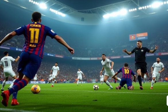 Una escena dramática se desarrolla en un campo de fútbol vibrante, donde la tensión es palpable. El estadio está repleto de apasionados fanáticos, sus caras pintadas en los colores del FC Barcelona y el Real Madrid, creando un mar de azul y granate contra el blanco marcado de los partidarios de Madrid. En primer plano, un jugador de Barcelona, ​​Fermin, es capturado a mitad de acción, su cuerpo tenso y enfocado mientras golpea la pelota, enviándolo al alza hacia la meta. El momento está congelado en el tiempo, justo antes de que la pelota cruce la línea, con el portero del Real Madrid buceando en un intento desesperado de bloquearlo. El árbitro, ubicado cerca, tiene una expresión en conflicto, que encarna la frase 'Menos Mal' mientras contempla el juego controvertido. En el fondo, la pantalla VAR brilla siniestramente, insinuando la decisión inminente que eclipsará la alegría del objetivo. La atmósfera es eléctrica, llena de anticipación y ansiedad, ya que la multitud contiene el aliento, sin darse cuenta del