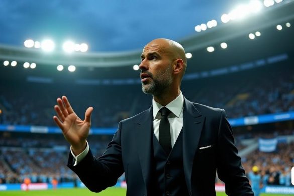 Una escena dramática se desarrolla en un estadio de fútbol lleno, con el foco brillando en 'Pep Guardiola', el famoso manager de fútbol, ​​de pie al borde del campo. Lleva un traje a medida 'Manchester City', con una camisa blanca crujiente y una elegante corbata negra, exudando un aura de determinación y autoridad. La multitud es un mar de azul y blanco, con fanáticos sosteniendo pancartas que decían '¡Creemos en ti, Pep!' y '¡Quédate con nosotros!' La atmósfera está cargada de tensión cuando Guardiola gestica enfáticamente, su rostro es una mezcla de intensidad y pasión, mientras se dirige a los medios reunidos a su alrededor. En el fondo, el icónico 'Etihad Stadium' está vivo con energía, con jugadores calentándose y el sonido de los vítores resonan. El cielo de arriba es un crepúsculo más profundo, que agrega un toque dramático a la escena, mientras que los reflectores comienzan a iluminar el campo, lanzando largas sombras. La expresión de Guardiola refleja tanto el peso de la responsabilidad como la espe