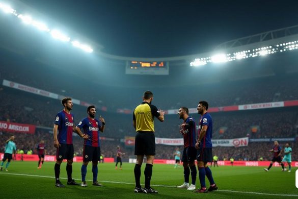 Una escena dramática se desarrolla en un estadio de fútbol lleno, con el icónico 'San Siro' en el fondo, iluminado por brillantes reflectores. El ambiente es eléctrico, lleno de apasionados fanáticos con camisetas 'Barcelona' e 'Inter', sus caras pintadas en colores de equipo. En primer plano, un momento tenso captura 'Szymon Marciniak', el árbitro polaco, de pie en el centro del campo, su expresión es una mezcla de concentración y preocupación. Está flanqueado por jugadores de ambos equipos, visiblemente frustrado y animado, señalando hacia él en protesta. La multitud es un mar de emociones, con algunos fanáticos sosteniendo pancartas que leen 'Justicia para el Barça' y otros que expresan su apoyo al árbitro. El marcador en el fondo muestra un puntaje de partido cerrado, aumentando la tensión. La escena encapsula la intensidad de una semifinal de la Liga de Campeones, con el peso de las expectativas y las controversias que cuelgan en el aire, mientras el mundo observa el drama que se desarrolla.