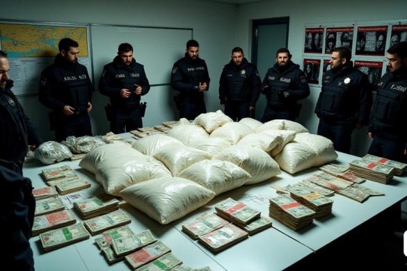 Una escena dramática se desarrolla en una sala de operaciones policial bien iluminada, donde los agentes del 'Policia Foral' y 'Guàrdia Civil' se reúnen alrededor de una gran mesa cubierta de evidencia de una gran caída de drogas. En el centro, hay varias bolsas de plástico grandes y transparentes llenas de '21 kilos 'de' Cocaïna ', su contenido blanco en polvo que brilla bajo las luces fluorescentes. Dispersos son bolsas más pequeñas de 'Haixix' y 'Speed', cada una etiquetada y organizada meticulosamente. A un lado, un montón de efectivo por un total de '48, 000 € 'está perfectamente apilado, con algunos paquetes avivados para mostrar las facturas nítidas. Cuatro vehículos de lujo, dos de los cuales se valoran más de 200,000 € ', están estacionados afuera, sus cuerpos elegantes que reflejan el sol, mientras que los agentes discuten sus próximos pasos. En el fondo, un tablón de anuncios muestra fotografías de los sospechosos, junto con mapas que detallan las rutas utilizadas para el transporte de drogas, dest