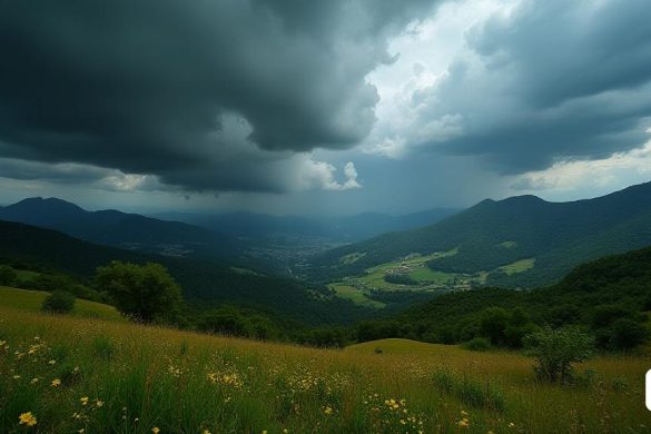 Una escena dramática se desarrolla sobre las regiones 'noreste' de 'Cataluña', donde las oscuras y ominosas 'truenos' se reúnen en el cielo, lanzando una sombra sobre el paisaje. Las nubes son una mezcla de 'grises' y 'negros' profundos, con destellos de 'rayo' iluminando el cielo, creando un marcado contraste con los tonos 'verdes' y 'amarillos' del campo circundante. En primer plano, las 'colinas onduladas' están salpicadas de parches de 'flores silvestres', sus colores son vibrantes pero sometidos bajo la tormenta inminente. El aire está lleno de tensión, ya que las ráfagas de 'viento' azotan los árboles, lo que hace que las hojas sean susurradas y bailen. En la distancia, las 'montañas' se elevan majestuosamente, sus picos envueltos en niebla, insinuando las 'tormentas intensas' que se espera que amplíen el área. Los charcos comienzan a formarse en el suelo, reflejando el cielo oscuro, mientras que las primeras gotas de 'salsa' comienzan a caer, creando un sonido rítmico de 'patteros'. La atmósfera se enc