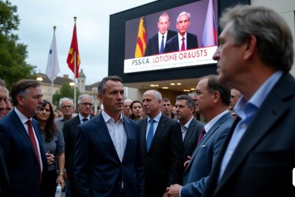 Una escena dramática y cargada políticamente se desarrolla en un entorno urbano bullicioso, que refleja la tensión y la intriga del gobierno local en Tarragona. En primer plano, un grupo de políticos bien vestidos, incluidos 'Carles Puigdemont', se dedica a una acalorada discusión, sus expresiones una mezcla de determinación y preocupación. Se encuentran fuera de un edificio municipal moderno adornado con banderas que representan el 'PSC' y las 'juntas', simbolizando la frágil alianza que se está negociando. El telón de fondo presenta una gran pantalla digital que muestra los titulares de noticias sobre la maniobra política, lanzando un brillo sobre la escena. El cielo está nublado, insinuando la incertidumbre del panorama político. Los espectadores se reúnen cerca, algunos que tienen señales en apoyo de 'Sínlvia Orriols', mientras que otros parecen escépticos, sus caras son un lienzo de emociones mixtas. La atmósfera está cargada de anticipación, como si el mismo aire vibrara con el peso de las decisiones to
