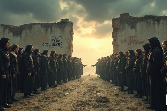Una escena estimulante que representa una sociedad dividida, donde dos grupos se encuentran en lados opuestos de un paisaje marcado y contrastante. Por un lado, un grupo de individuos, vestidos con ropa oscura y sombría, que encarna 'división' y 'confrontación', con expresiones de ira y frustración. Mantienen señales con lemas agresivos, su lenguaje corporal en tiempo y confrontación. Por otro lado, un grupo con atuendo más ligero y vibrante, que representa 'esperanza' y 'diálogo', se encuentra con los brazos abiertos, intentando llegar al otro lado. El fondo presenta una pared desmoronada que simboliza la 'polarización', con graffiti que lee 'Odiar És de Covards' ('El odio es para cobardes'). Arriba, un cielo tormentoso se cierne, que refleja la "falta de respeto" y la "vulgaridad" en el discurso, mientras que se rompe un débil rayo de sol, insinuando la posibilidad de 'debate sereno' y 'consenso'. La atmósfera general está cargada de tensión, pero hay un rayo de esperanza para la unidad en medio del caos.