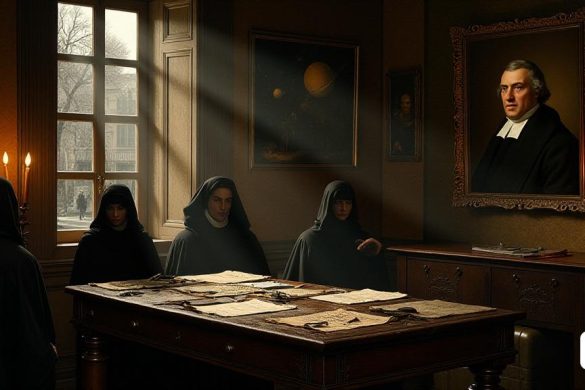 Una escena histórica ambientada en el siglo XVII París, que representa la sombría atmósfera que rodea la muerte de Tommaso Campanella. La imagen presenta una habitación con poca luz adornada con muebles 'barroco', donde una mesa 'de madera' está abarrotada de 'pergaminos' y 'plumas', simbolizando las contribuciones literarias de Campanella. En el fondo, una ventana 'grande' revela una calle parisina 'sombría', con 'adoquines' brillando de una lluvia reciente. Se pueden ver sombras de 'frailes dominicanos', sus túnicas 'en blanco y negro' que contrastan con el cálido brillo de la luz de las velas. En las paredes, las 'pinturas' de cuerpos celestes y símbolos filosóficos reflejan los estudios de Campanella en 'filosofía' y 'astronomía'. Un "retrato" del propio Campanella, con una expresión reflexiva, cuelga prominentemente, capturando su esencia como pensador y rebelde. El estado de ánimo general es de reflexión y reverencia, destacando su impacto en la literatura y la lucha contra la opresión.