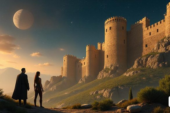 Una escena impresionante e inmersiva que representa el paisaje galáctico de 'Star Wars', con un enfoque en el majestuoso 'Castell de Xàtiva' reinventado como un puesto avanzado intergaláctico remoto. El castillo está bañado en una cálida luz dorada, destacando sus antiguas paredes de piedra y sus intrincados detalles arquitectónicos, mientras que las estrellas distantes brillan en el vasto cielo 'cósmico' de arriba. Al rodear el castillo, la exuberante vegetación contrasta con el terreno accidentado, insinuando la rica historia de la ubicación. En primer plano, se encuentran dos figuras: 'Lio Partagaz', un oficial imperial de aspecto severo con un uniforme nítido, y 'Kley Marki', un ingenioso espía rebelde vestido con un elegante y oscuro atuendo, ambos mirando hacia el horizonte. Sus expresiones reflejan la determinación e introspección, simbolizando el choque entre el opresivo 'imperio' y la floreciente esperanza de la 'rebelión'. La atmósfera está cargada de tensión, como si un momento crucial estuviera a
