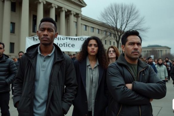 Una escena marcada y sombría que representa el impacto de las políticas de inmigración bajo la administración Trump. En primer plano, un grupo de 'inmigrantes indocumentados' se encuentra ansiosamente fuera de un edificio del gobierno, sus expresiones una mezcla de miedo e incertidumbre. Son diversos en apariencia, que representan varias nacionalidades, incluidos los 'venezolanos', 'haitianos' y 'cubanos'. Detrás de ellos, una gran pancarta lee 'Aviso de deportación', que simboliza la inminente amenaza de eliminación. El fondo presenta una oficina de 'Departamento de Seguridad Nacional', con funcionarios dentro de los documentos de revisión, enfatizando la naturaleza burocrática del proceso de deportación. El cielo está nublado, lanzando un tono gris sobre la escena, reflejando el sombrío estado de ánimo. En la distancia, se está llevando a cabo una protesta 'pro-palestina', con estudiantes que sostienen señales, que ilustran la intersección del activismo y los problemas de inmigración. La atmósfera general t