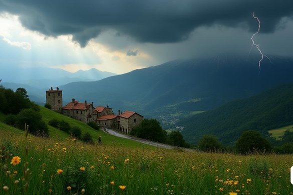 Una escena meteorológica dramática se desarrolla sobre el paisaje 'catalán', con 'nubes' oscuras y ominosas rodando desde el horizonte, lanzando una sombra sobre las montañas 'Pirineus'. El primer plano presenta exuberantes colinas verdes salpicadas de flores silvestres vibrantes, sus colores contrastan contra el cielo gris. En la distancia, los picos del 'Pirineus' están coronados con 'nieve', brillando bajo la tenue luz. Se puede ver un pequeño 'pueblo' ubicado en el valle, con casas pintorescas 'piedra' que tienen techos 'de azulejos rojos', sus chimeneas hinchando mechones de humo. Las gotas de lluvia comienzan a caer, creando ondas en charcos en las calles adoquinadas, mientras que un perno de 'rayo' parpadea en el cielo, iluminando la escena para un breve momento. El aire está lleno de anticipación, a medida que se acerca la 'tormenta', prometiendo intensas 'precipitaciones' y un cambio dramático en el clima. En el fondo, la región 'Catalunya Central' es visible, con colinas y árboles dispersos, insinua