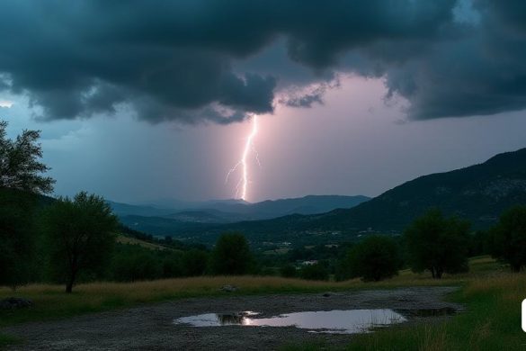 Una escena meteorológica dramática sobre Catalunya, que muestra las 'nubes de tormenta oscuras' que se acumulan siniestramente en el cielo, con destellos de 'rayos' iluminando el horizonte. El paisaje es una mezcla de 'colinas onduladas' y 'terreno montañoso', particularmente destacando el 'Catal ucidental Pirineu' donde se espera intenso 'lluvia'. En primer plano, los 'árboles' se balancean violentamente en los 'vientos fuertes', mientras que se forman 'budds' en el suelo, reflejando el 'cielo sombrío'. En la distancia, un 'plano de lluvia' muestra una acumulación rápida, que indica más de '30 mm 'de lluvia por hora, con algunas áreas superiores a '50 mm'. El ambiente está acusado de tensión, ya que la 'amenaza de granizo' se avecina, y los 'agricultores' y 'entusiastas del aire libre' se ven tomando precauciones. La escena captura la esencia de una "advertencia de clima severo", con una sensación de urgencia y la belleza del poder de la naturaleza.