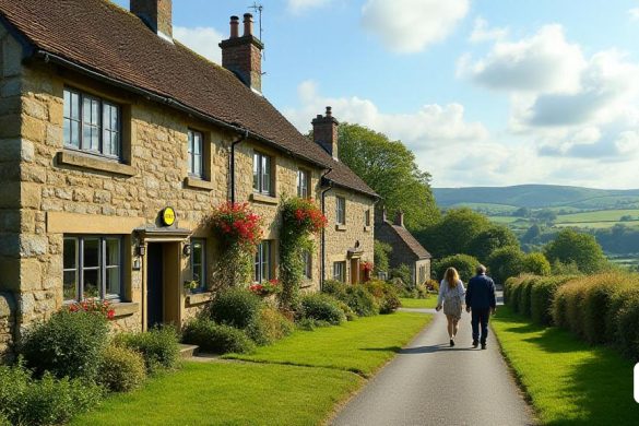 Una escena pintoresca del suroeste de Inglaterra, que muestra una hilera de encantadoras 'viejas cabañas de piedra' ubicadas en medio de exuberantes colinas verdes. Las cabañas, con sus gruesas paredes de 'un metro' y encanto rústico, están adornadas con vibrantes cajas de flores debajo de las ventanas, agregando un toque de color contra los tonos terrosos de la piedra. En primer plano, una ventana de 'cocina' revela una visión de un interior acogedor, con vigas de madera tradicionales y un ambiente cálido y acogedor. Cerca, un signo de 'en venta' se inclina ligeramente, insinuando el destino potencial de estas queridas vacaciones debido a las nuevas regulaciones de eficiencia energética. El cielo de arriba es un azul suave, salpicado de nubes blancas esponjosas, mientras que algunos turistas pasean por un camino sinuoso, disfrutando del sereno paisaje. En el fondo, Rolling Hills se extiende hacia la distancia, enfatizando la belleza natural de la región, pero contrastando con las inminentes preocupaciones de