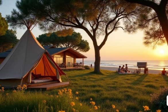 Una escena pintoresca que muestra la esencia de 'Glàmping' en Catalunya. En primer plano, una carpa 'tipi' bellamente diseñada se mantiene de alto, su tela adornada con patrones intrincados, ubicado entre los imponentes 'árboles centenarios' que proporcionan un dosel natural. El suelo está alfombrado de hierba suave, salpicada de coloridas flores silvestres, creando un contraste vibrante contra los tonos terrosos de la tienda. Cerca, es visible una 'cabaña' de madera rústica, completa con una 'veranda' privada y grandes ventanas que reflejan la vegetación circundante. En el fondo, el sol se pone sobre una serena 'playa', lanzando un cálido brillo dorado sobre el paisaje. Se puede ver a una familia disfrutando de una barbacoa en una 'terraza', con una 'parrilla de barbacoa' y muebles de exterior, mientras que los niños juegan cerca, que encarna el espíritu de la aventura al aire libre. La atmósfera general es de tranquilidad y lujo, combinando perfectamente la 'naturaleza' con 'comodidad', invitando a los espe