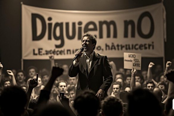 Una escena poderosa que representa un escenario de conciertos vintage de la década de 1960, donde un cantante apasionado se encuentra en el escenario, micrófono en la mano, que exuda una sensación de desafío y coraje. El telón de fondo presenta una gran pancarta con las palabras 'Diguem no' mostradas audazmente, simbolizando la resistencia contra el 'Franquismo'. La audiencia, una multitud diversa de jóvenes y viejos, está cautivado, algunos con puños levantados, otros con lágrimas en los ojos, reflejando una mezcla de esperanza y determinación. La iluminación es dramática y lanza sombras que mejoran el peso emocional del momento. En primer plano, algunas personas sostienen señales con frases como 'No a la dictaña' y 'llibertat', enfatizando el tema de la rebelión. La atmósfera está cargada de energía, ya que la expresión del cantante transmite tanto la lucha del pasado como la lucha en curso por la libertad, lo que lo convierte en un recordatorio conmovedor del poder de la música como una forma de protesta.